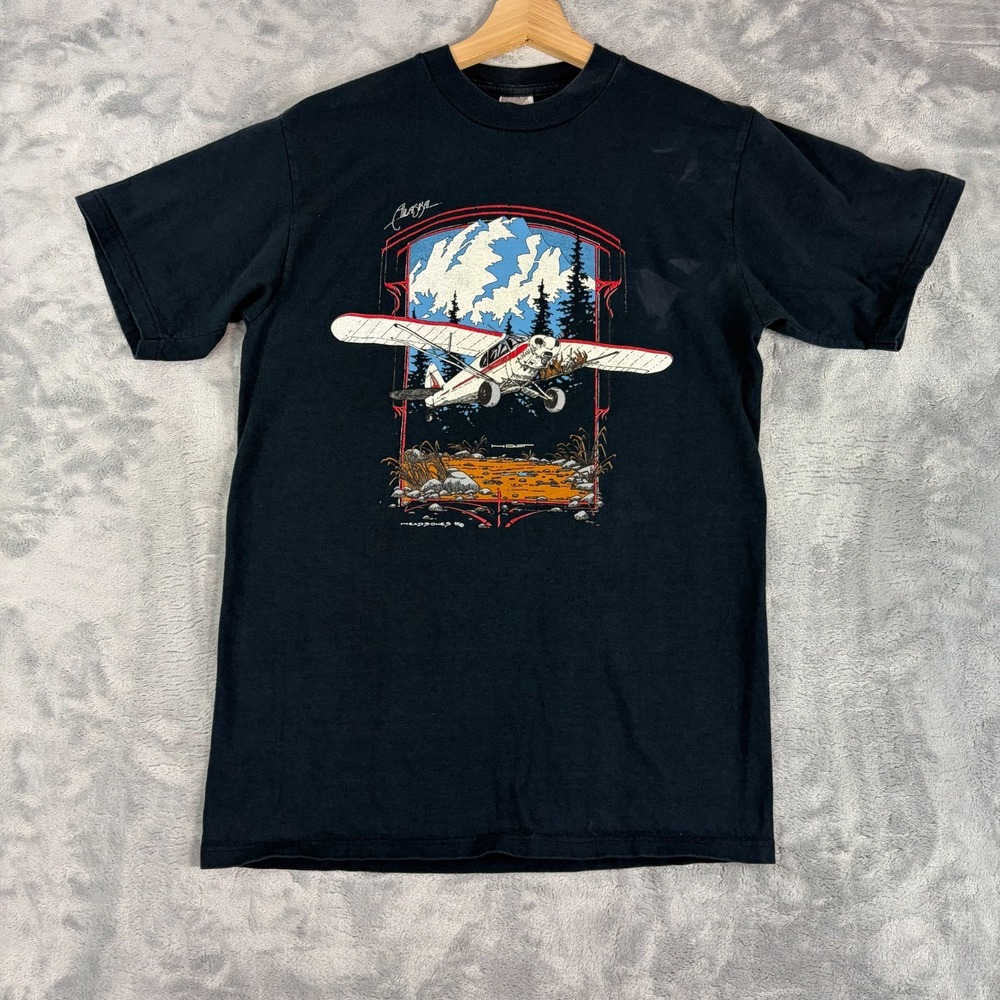 Vintage 1995 Alaska Headbones T-shirt Nature Vacation Airplane Black Size Medium